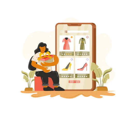 Femme recevant des cadeaux en ligne  Illustration