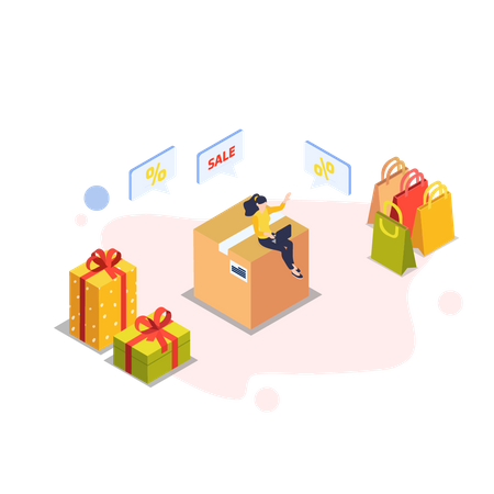 Femme recevant des cadeaux en ligne  Illustration