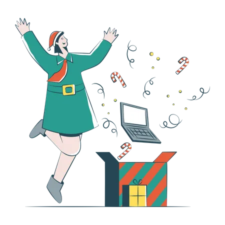 Une femme se réjouit des cadeaux de Noël  Illustration