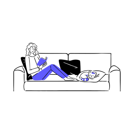 Femme se relaxant avec un chat sur un canapé  Illustration