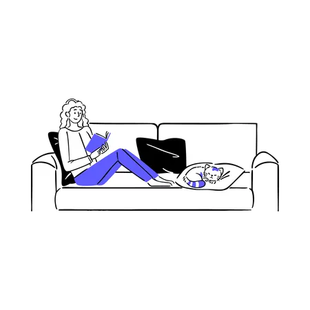 Femme se relaxant avec un chat sur un canapé  Illustration