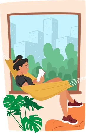 Femme se relaxant dans un hamac tout en lisant un livre  Illustration