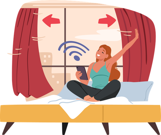 Femme se réveillant assise dans son lit utilisant un téléphone portable pour faire coulisser automatiquement les rideaux le matin  Illustration