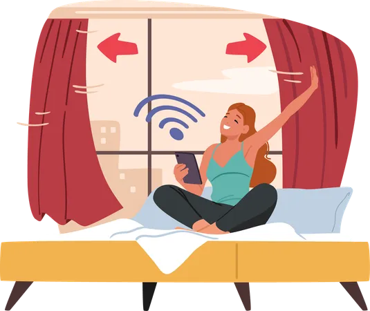 Femme se réveillant assise dans son lit utilisant un téléphone portable pour faire coulisser automatiquement les rideaux le matin  Illustration