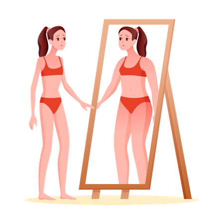 Femme se sentant déprimée après avoir regardé un miroir à cause de la honte corporelle  Illustration