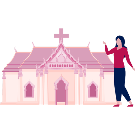 Une femme se tient devant l'église  Illustration