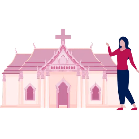 Une femme se tient devant l'église  Illustration