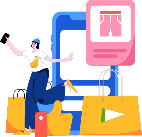 Une femme sélectionne un jean sur un site Web en ligne  Illustration