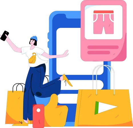 Une femme sélectionne un jean sur un site Web en ligne  Illustration