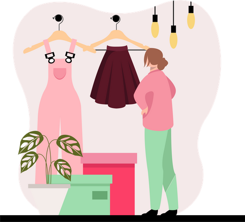 Femme sélectionne une robe à la mode  Illustration