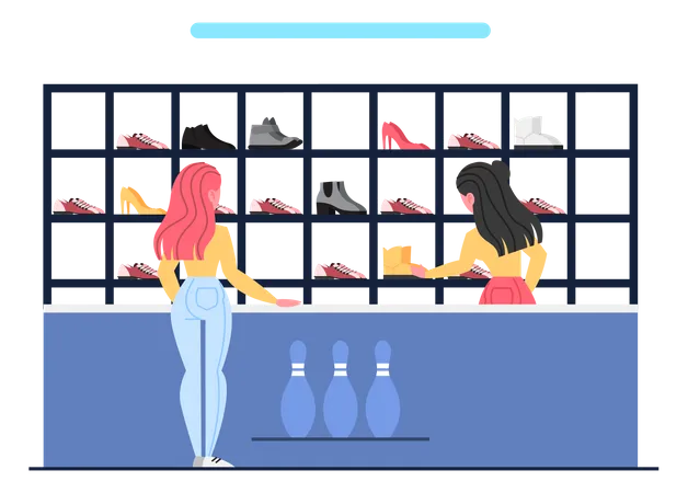 Femme sélectionnant des chaussures de bowling pour jouer  Illustration