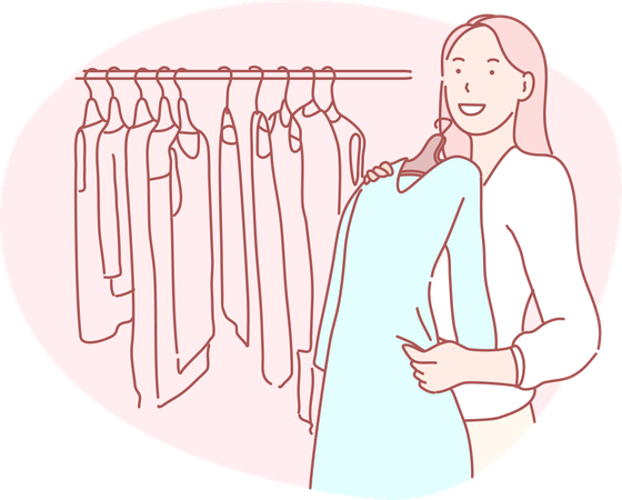 Femme sélectionnant une robe au magasin  Illustration