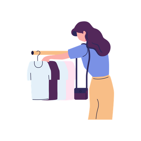 Femme sélectionnant un t-shirt dans un magasin  Illustration