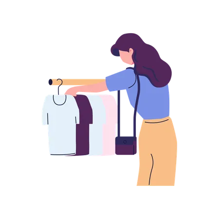 Femme sélectionnant un t-shirt dans un magasin  Illustration