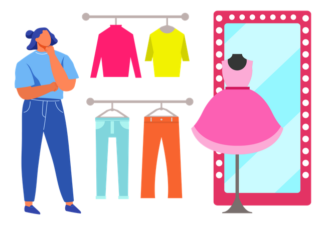 Femme sélectionnant une robe à essayer  Illustration