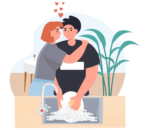 Femme embrassant pendant que l'homme lave la vaisselle  Illustration
