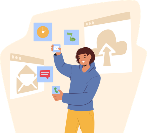 Femme interagissant avec diverses icônes liées aux services cloud  Illustration