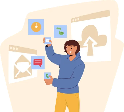 Femme interagissant avec diverses icônes liées aux services cloud  Illustration