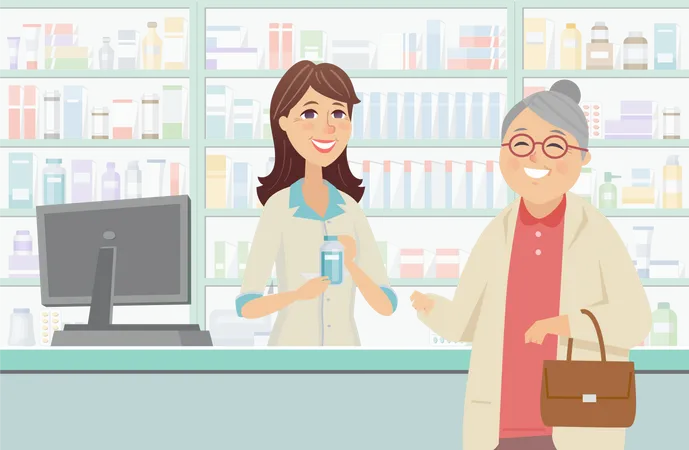 Femme âgée à la pharmacie  Illustration