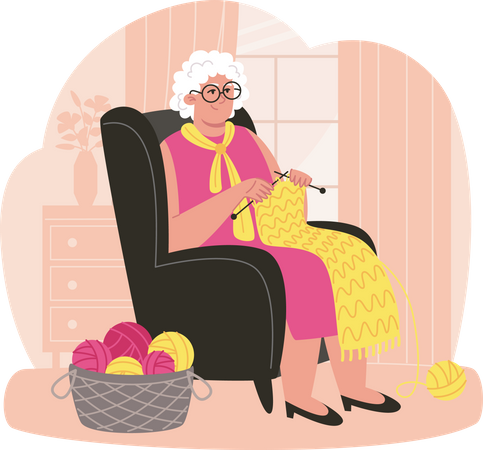 Une femme âgée est assise dans un fauteuil et tricote une écharpe dans une chambre confortable  Illustration