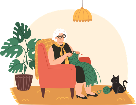 Une femme âgée est assise dans un fauteuil et tricote une écharpe dans une pièce confortable  Illustration