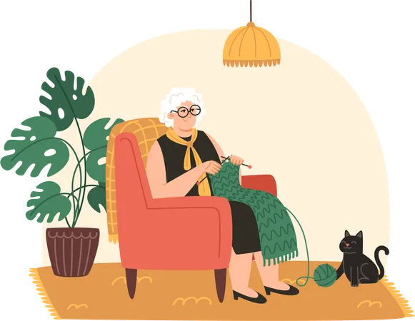 Une femme âgée est assise dans un fauteuil et tricote une écharpe dans une pièce confortable  Illustration