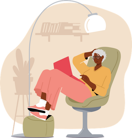 Femme âgée assise et lisant un livre  Illustration