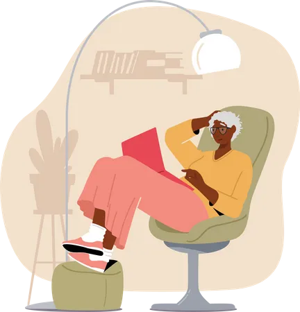 Femme âgée assise et lisant un livre  Illustration