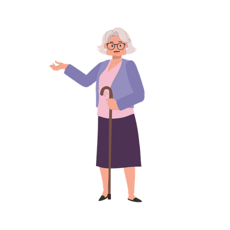 Femme âgée avec bâton de canne et présentation  Illustration