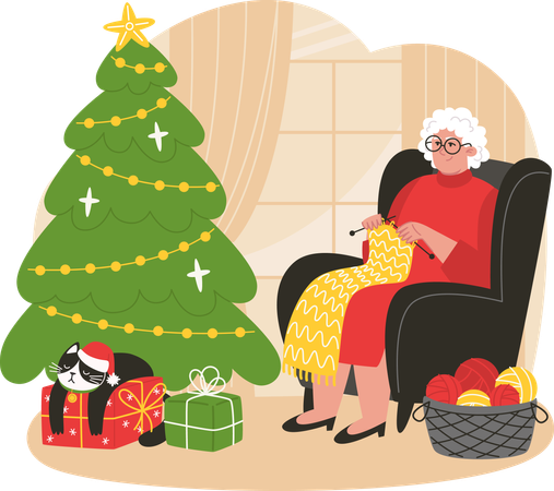 Une femme âgée est assise dans un fauteuil près du sapin de Noël et tricote une écharpe  Illustration