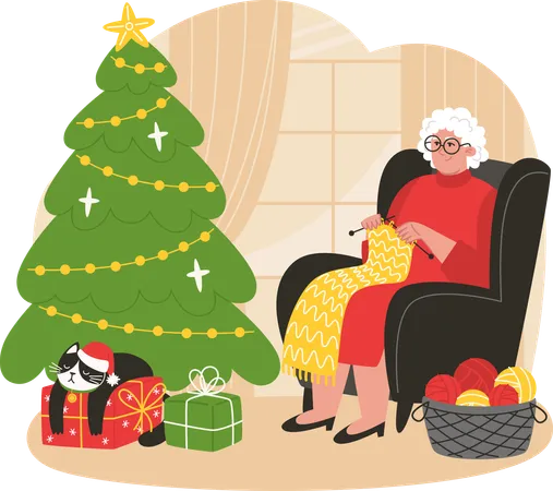 Une femme âgée est assise dans un fauteuil près du sapin de Noël et tricote une écharpe  Illustration