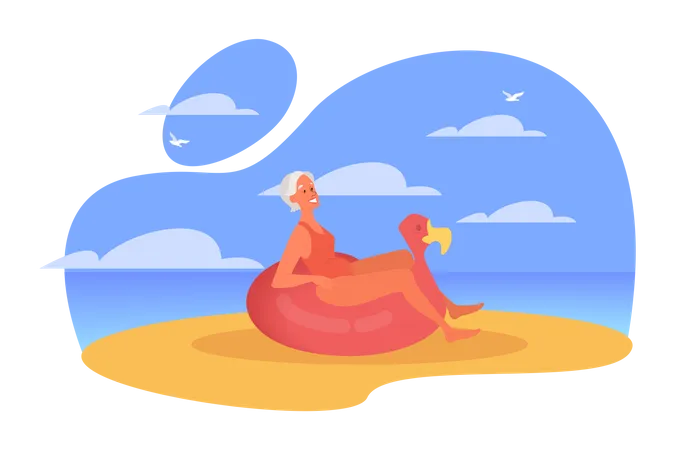 Femme âgée, passer du temps à la plage  Illustration