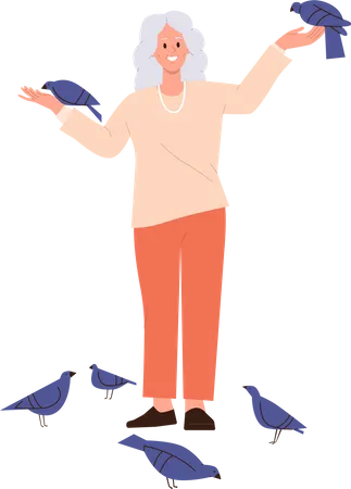 Femme âgée nourrissant un oiseau colombe profitant des activités quotidiennes à l'extérieur  Illustration