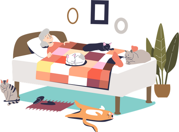 Femme âgée, dormir dans son lit  Illustration