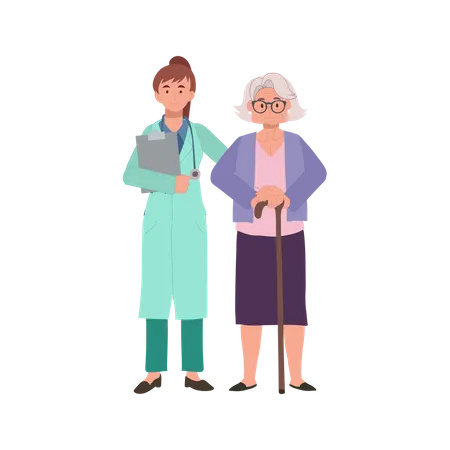 Femme âgée Granny consultant une femme médecin pour des conseils médicaux,  Illustration