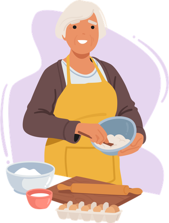 Femme âgée cuit dans la cuisine  Illustration