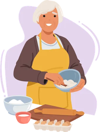 Femme âgée cuit dans la cuisine  Illustration