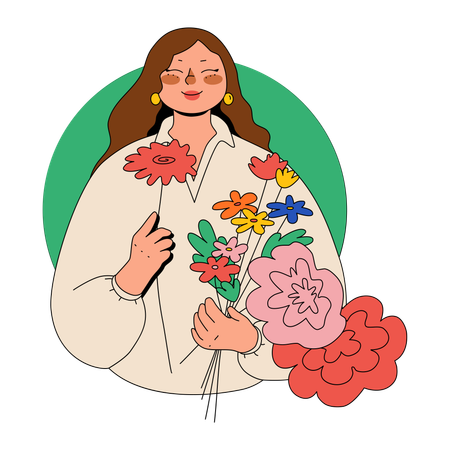 Une femme sent un bouquet de fleurs qu'elle a cueilli  Illustration