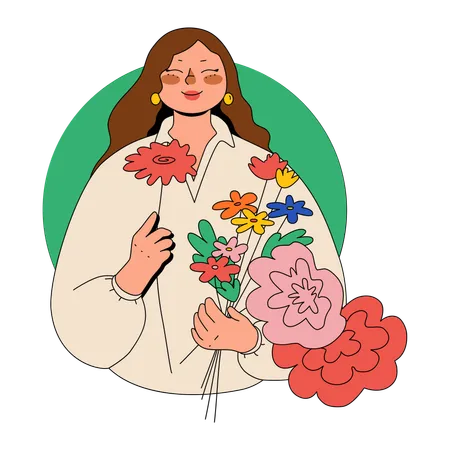 Une femme sent un bouquet de fleurs qu'elle a cueilli  Illustration