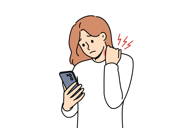 Une femme ressent des douleurs dans le dos en utilisant son téléphone portable  Illustration