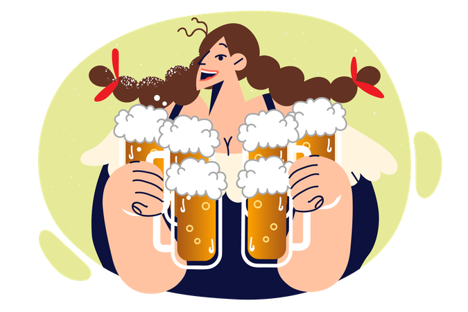 Une serveuse porte des chopes remplies de bière mousseuse  Illustration