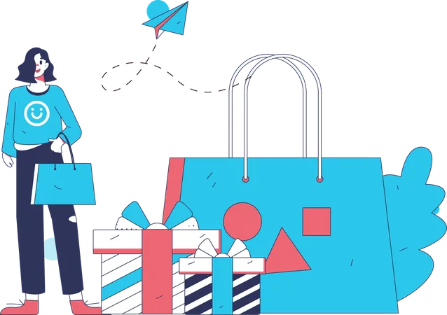 Shopping féminin à l’aide d’une application mobile  Illustration