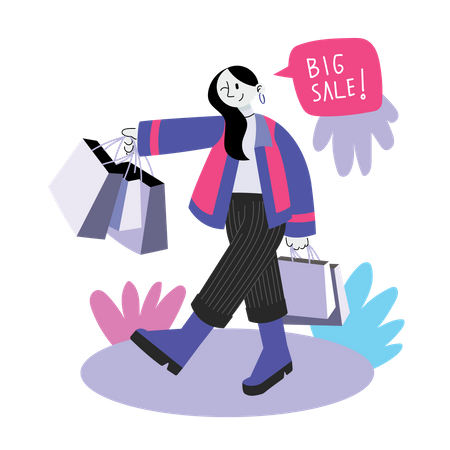 Femme faisant du shopping en grande vente  Illustration