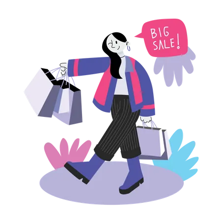 Femme faisant du shopping en grande vente  Illustration