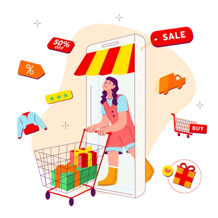 Femme faisant du shopping à l'aide d'une application mobile  Illustration