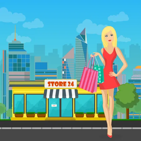 Femme faisant du shopping dans un magasin  Illustration