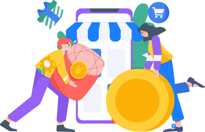 Femme faisant du shopping sur une application mobile  Illustration