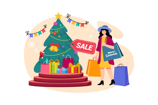 Femme faisant du shopping pendant les soldes de Noël  Illustration