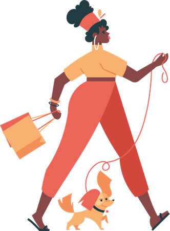 Femme, shopping, caractère, à, animal domestique  Illustration