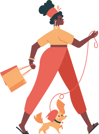 Femme, shopping, caractère, à, animal domestique  Illustration